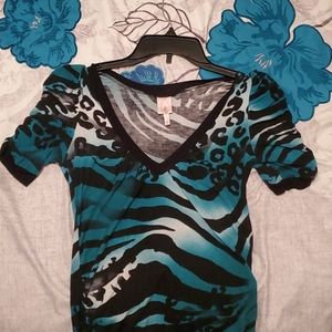 Rue21 Green and Black Zebra/Leopard Print Shirt